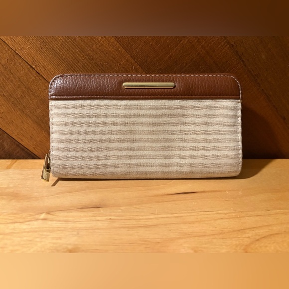 Handbags - Neutral Stripe Zip Around Wallet Brown Trim Canvas Clutch